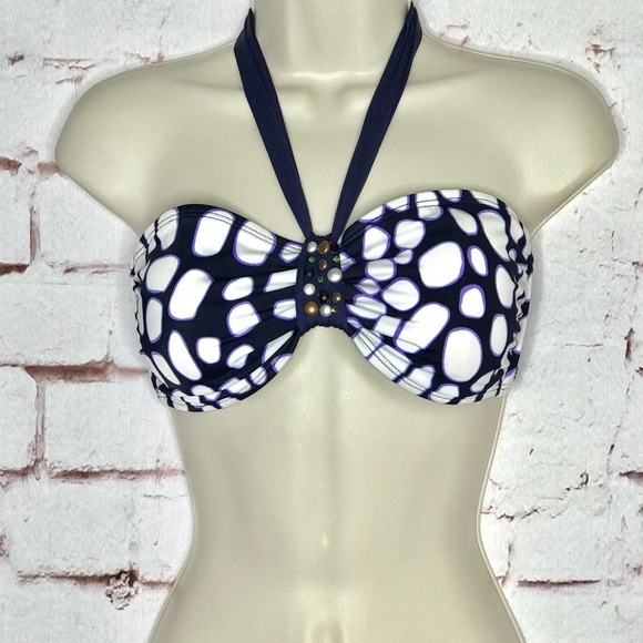 ST. JOHN Pebble Size 6 Bandeau & Halter Tie Embellished Swim Top Navy & White - Picture 11 of 15